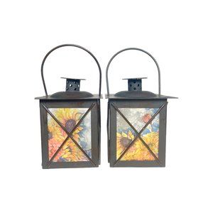 Sun Flowers Decoupaged Metal Lantern Set of 2 Hand Crafted & Hand Painted Decor